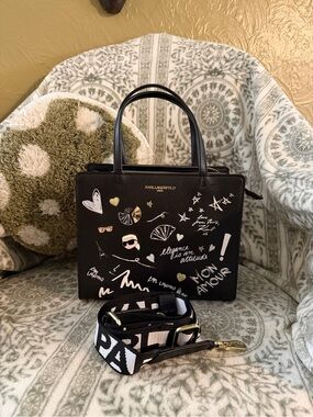 Karl Lagerfeld Paris Maybell Black Graphic Satchel with Removable Strap